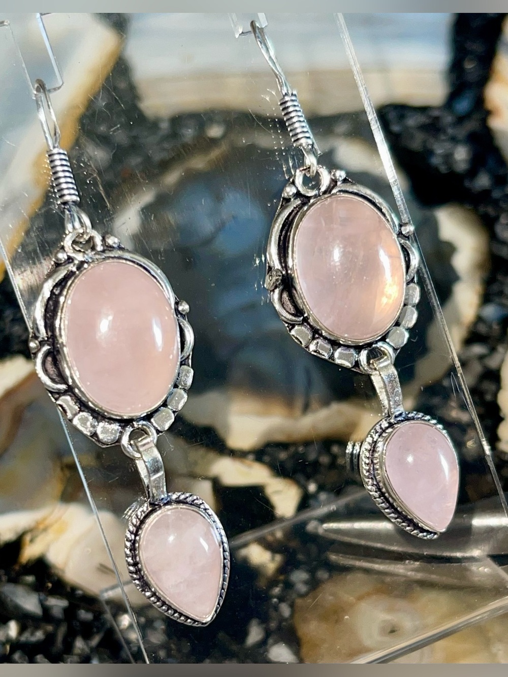 Pink Rose Quartz “Stone of Pure Love” Earrings 2 1/4”